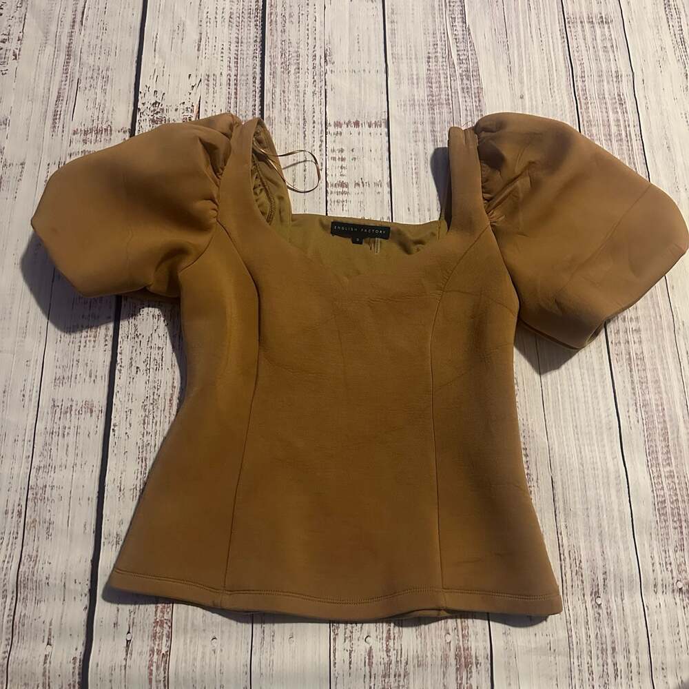 English Factory Scuba Knit Puff Sleeve Y2K v-Neck Neck Top in Tan-S - Picture 4 of 6